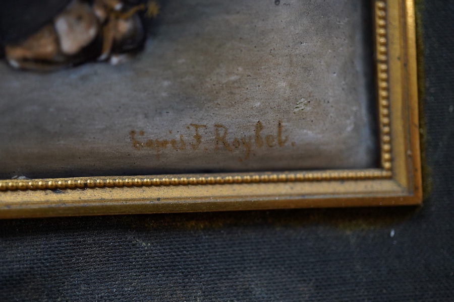 After Ferdinand Roybet (1840-1920), a framed Limoges enamel plaque, 11.5x15.5cm. Condition - fair